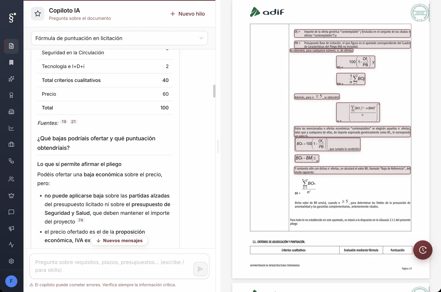 Tabla con el reparto de puntos del expediente: memoria y programa de trabajos 20, calidad 6, medioambiente 6, seguridad 6, I+D+i 2, precio 60, total 100, con las páginas del pliego citadas como fuente.