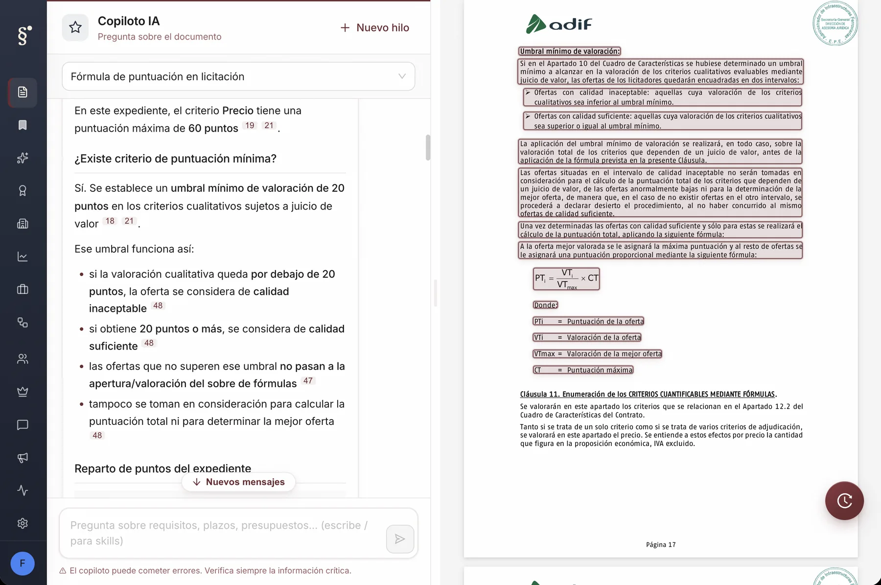 El copiloto explica el umbral mínimo de 20 puntos en los criterios de juicio de valor y sus consecuencias, con el cuadro de características del pliego abierto al lado.